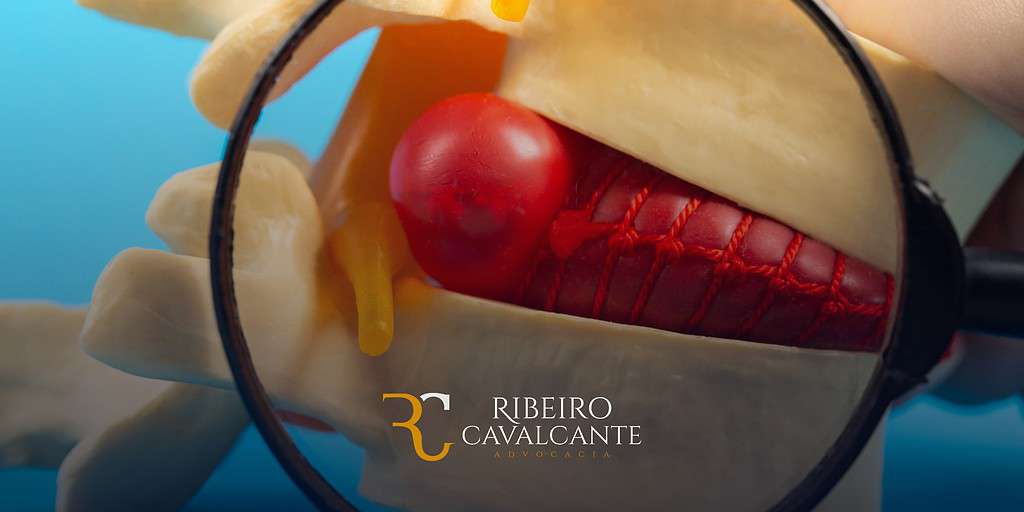 Modelo de coluna vertebral com lupa destacando nervo comprimido. Logo do escritório Ribeiro Cavalcante Advocacia.