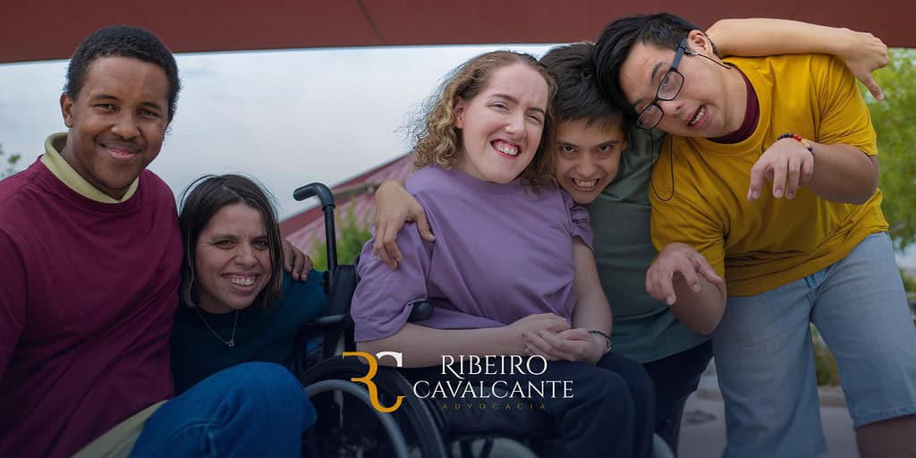 Grupo diverso de amigos sorridentes, incluindo uma pessoa em cadeira de rodas, em um ambiente ao ar livre. Logo Ribeiro Cavalcante.