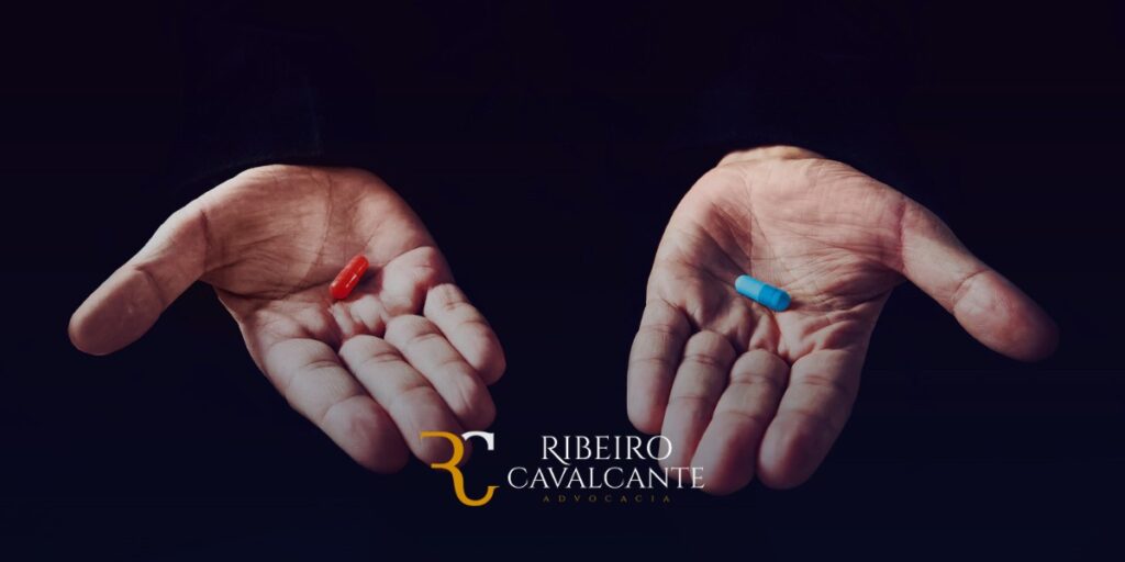 Mãos segurando pílulas vermelha e azul com logo Ribeiro Cavalcante Advocacia ao centro. Fundo escuro.