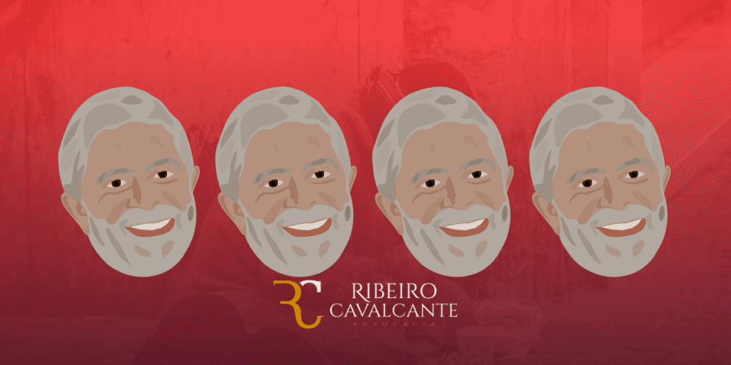 Quatro ilustrações de rostos sorridentes com barba branca e logo da Ribeiro Cavalcante Advocacia ao fundo vermelho.