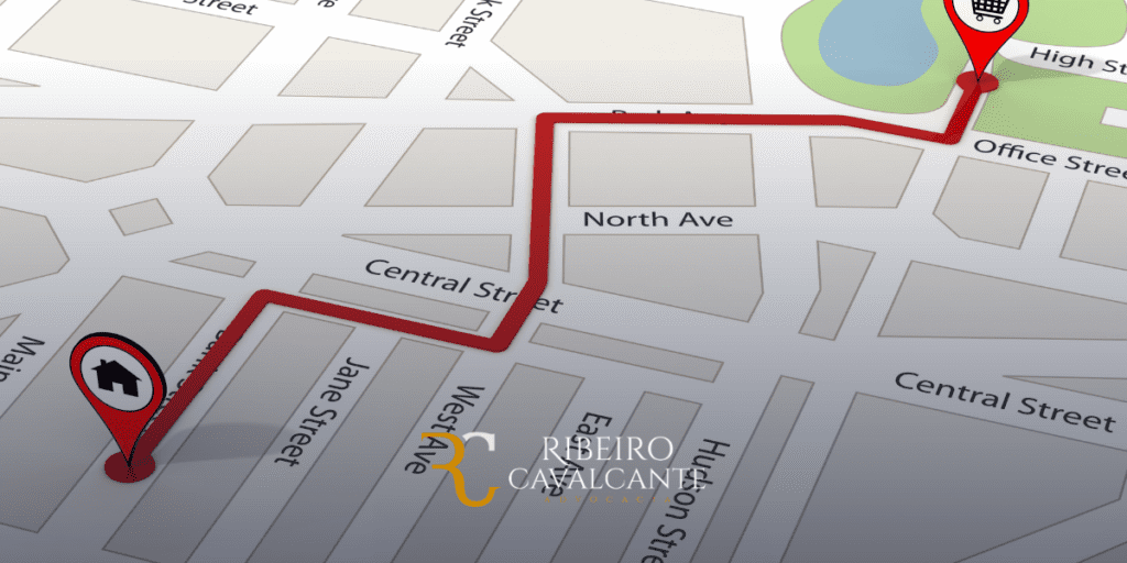 Mapa com rota destacada do escritório Ribeiro Cavalcante Advocacia até um ponto de destino, passando por várias ruas.