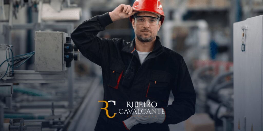 Funcionário usando capacete e óculos de proteção em uma indústria, com logo da Ribeiro Cavalcante Advocacia.