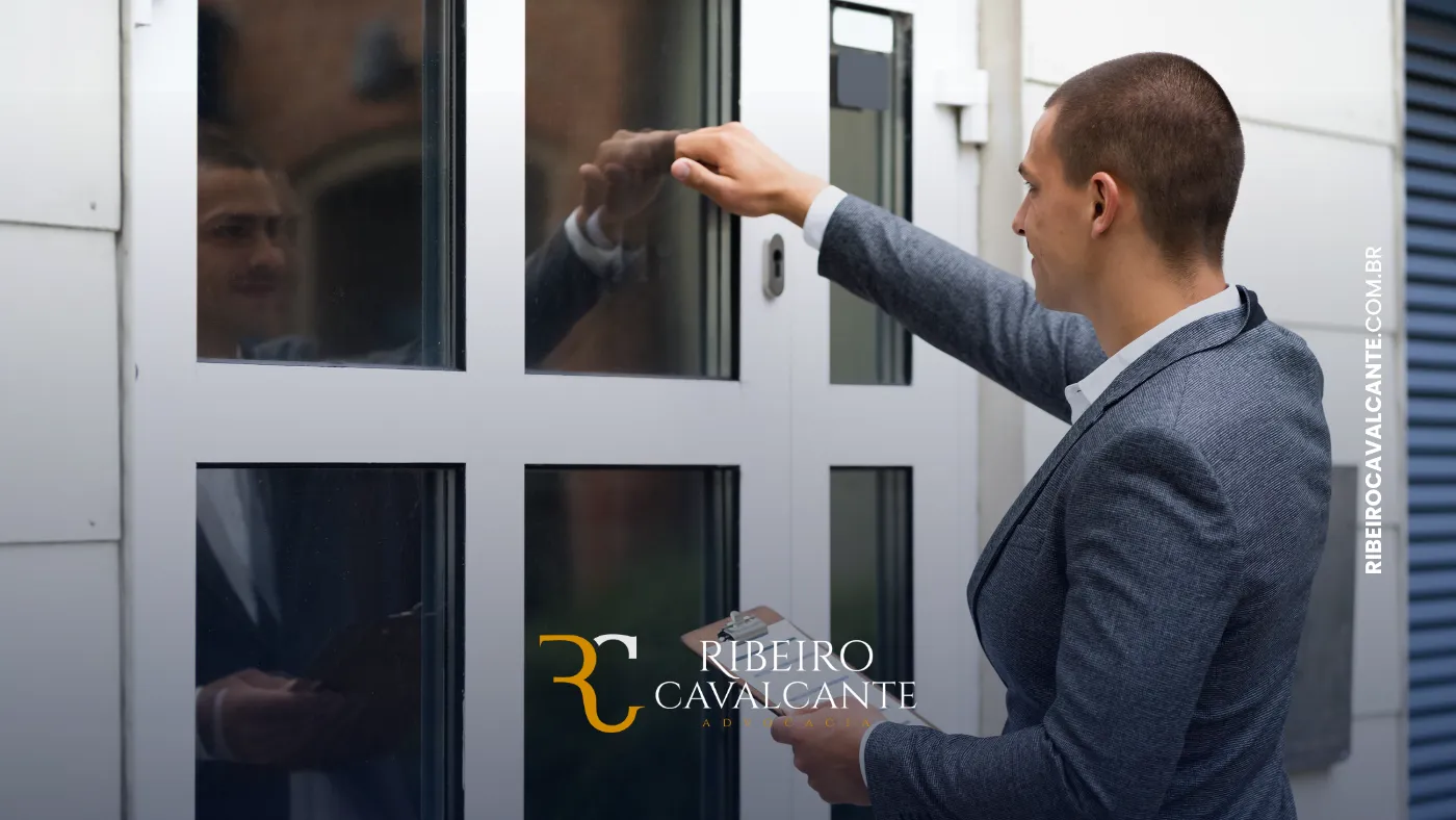 Homem de terno tocando vidro de porta