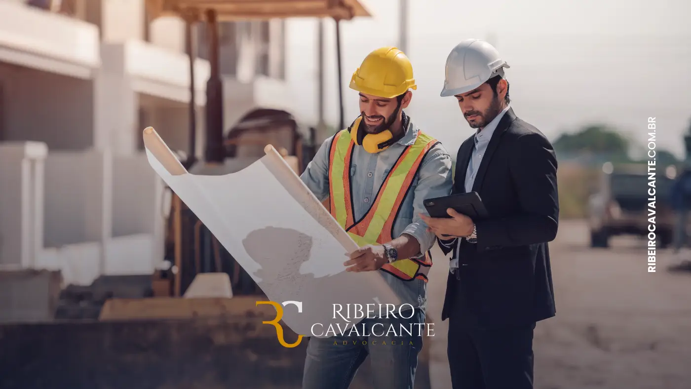 Dois engenheiros discutindo projetos em canteiro de obras