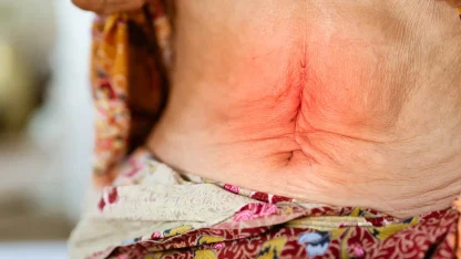 Cicatriz visível na pele da barriga.