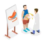 Médico avaliando medidas de um paciente obeso.