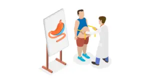 Médico avaliando medidas de um paciente obeso.