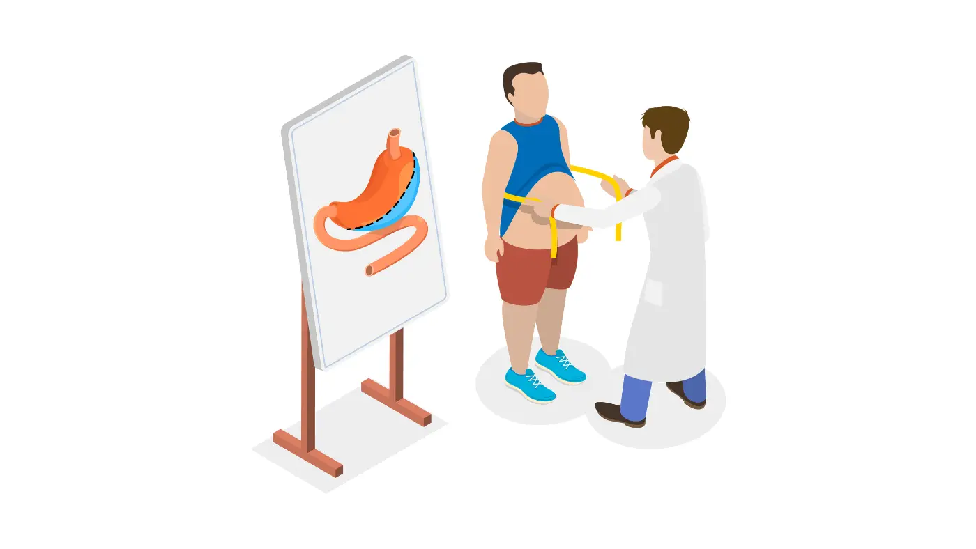 Médico avaliando medidas de um paciente obeso.