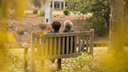 Duas pessoas idosas sentadas de costas em um banco de madeira em um parque ensolarado. — Foto: pyou93