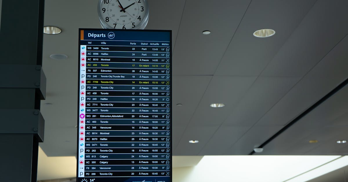 Painel digital de partidas em um aeroporto com lista de voos e horários sob um relógio analógico na parede. — Foto: Braeson Holland