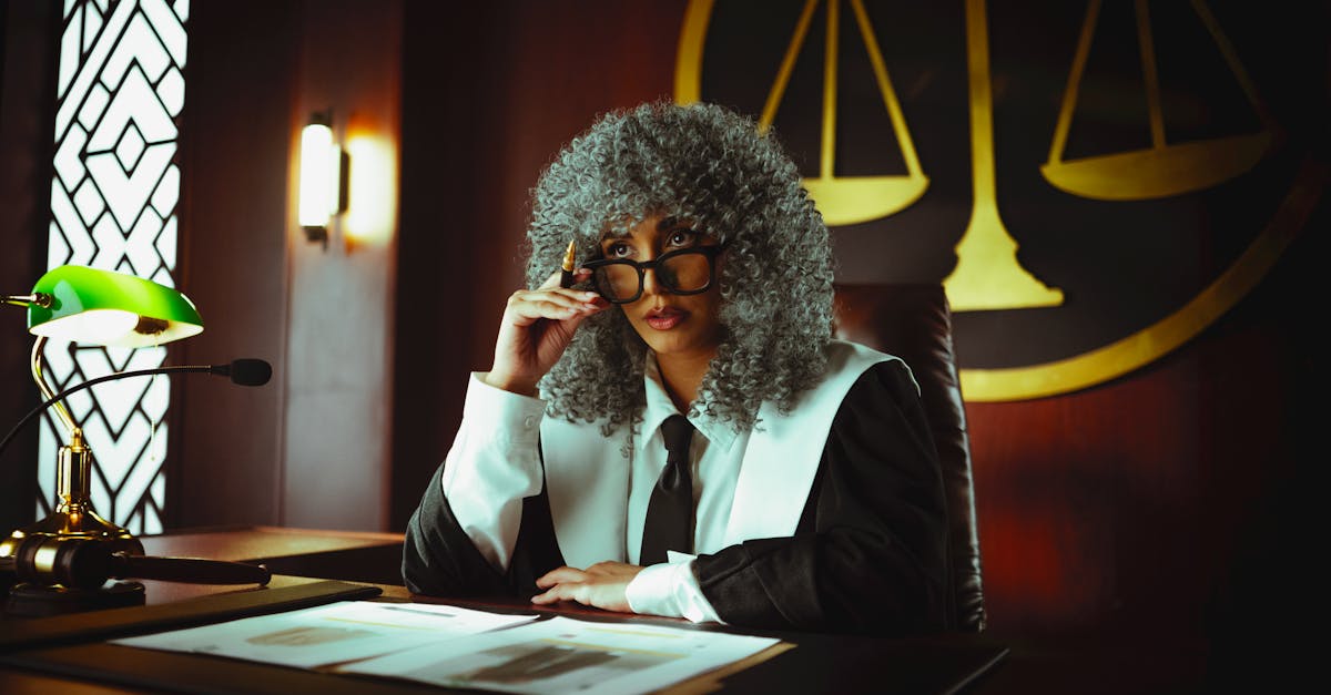 Juíza com peruca clássica e toga sentada à mesa de tribunal com o símbolo da balança da justiça ao fundo. — Foto: khezez | خزاز