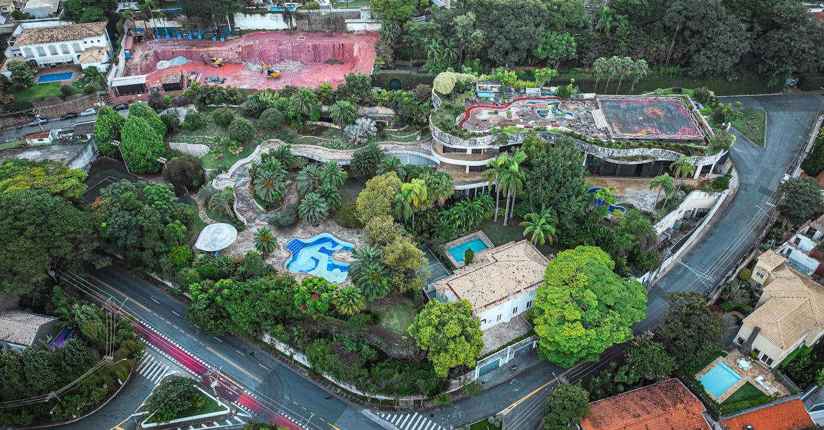 Vista aérea de mansões luxuosas com piscinas e jardins, cercadas por ruas arborizadas e um canteiro de obras. — Foto: Sérgio Souza