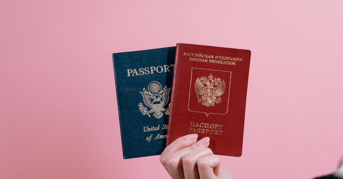 Mão segurando dois passaportes, um azul dos Estados Unidos e um vermelho da Rússia, contra um fundo rosa. — Foto: Tima Miroshnichenko