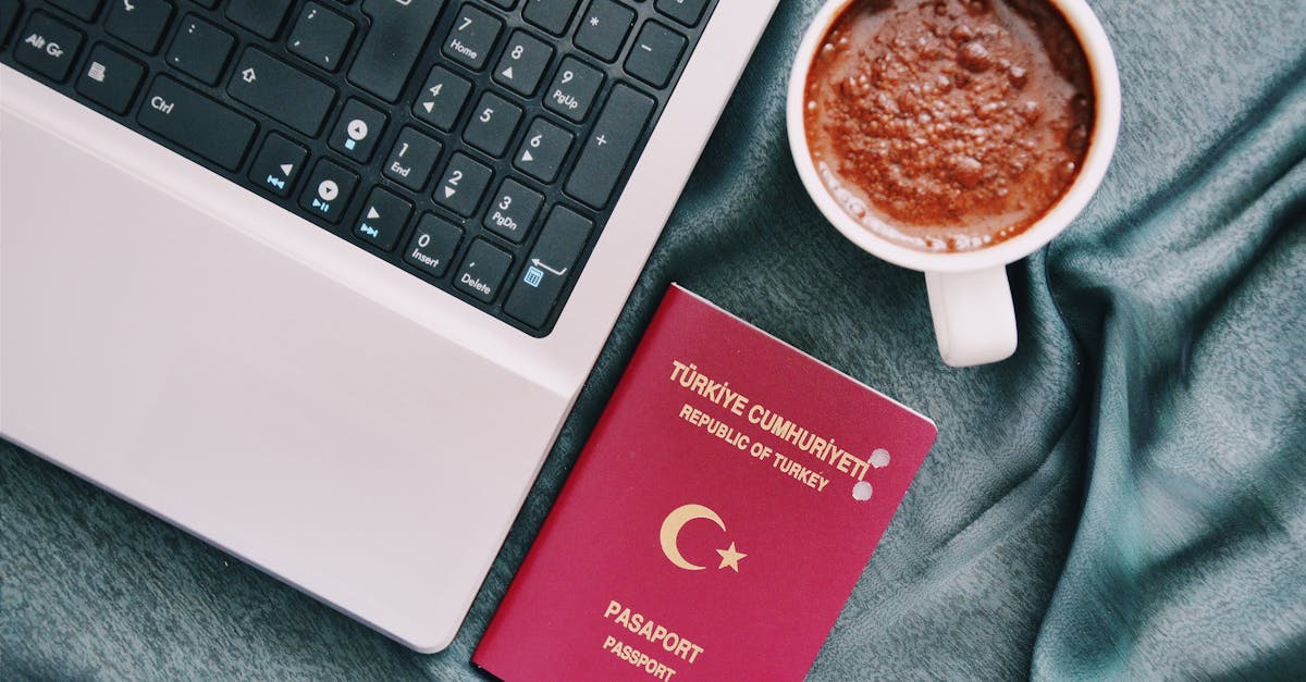 Vista superior de um notebook, um passaporte vermelho e uma xícara de café sobre uma superfície azul. — Foto: Gül Işık