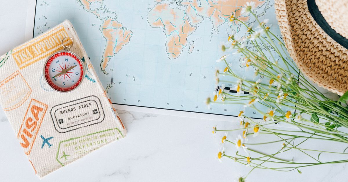 Mapa mundial com itens de viagem e uma planta, sugerindo trabalho remoto e mobilidade. — Foto: Nataliya Vaitkevich