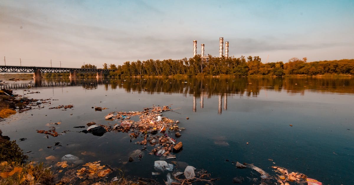 Rio poluído com lixo próximo a uma área industrial com chaminés ao fundo. — Foto: Yogendra Singh