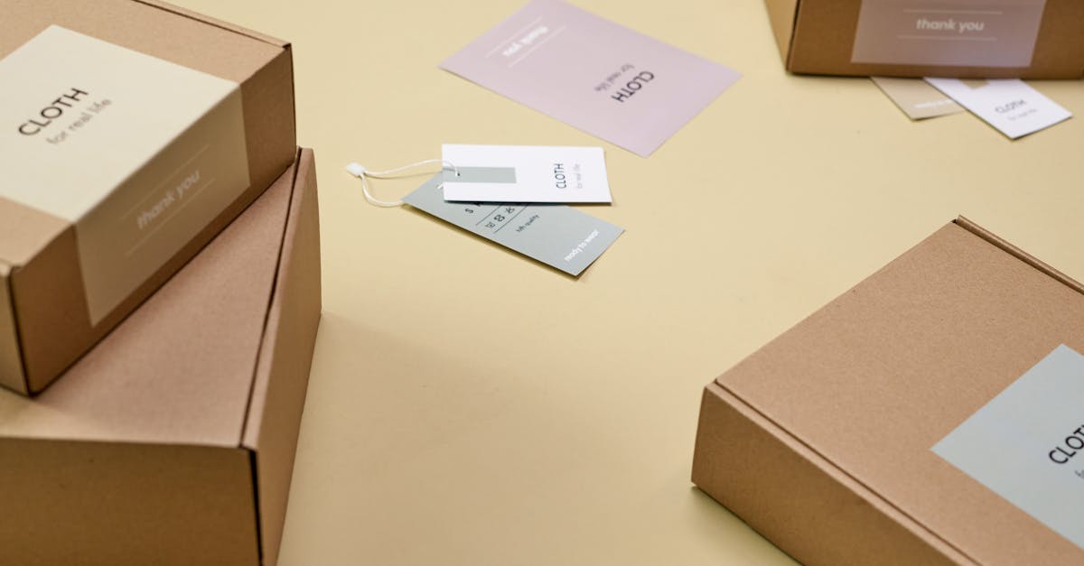Caixas de papelão de encomendas online com etiquetas de roupas sobre uma superfície neutra. — Foto: Ron Lach