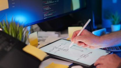 Pessoa utilizando caneta digital em tablet para desenhar fluxogramas em escritório com computador ao fundo. — Foto: Jakub Zerdzicki