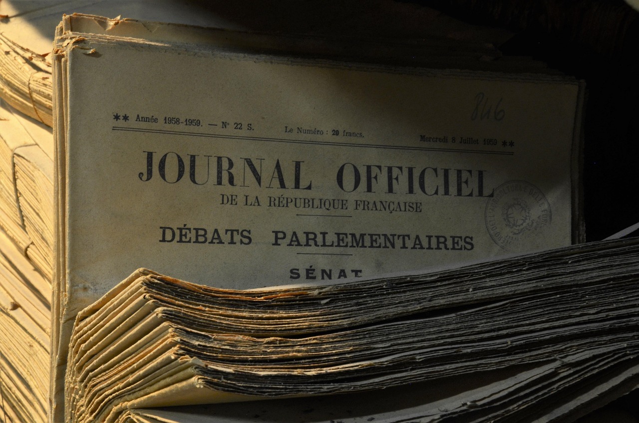 Pilha de documentos antigos e registros parlamentares oficiais em papel. — Foto: serendypita