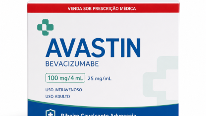 Caixa do medicamento AVASTIN (BEVACIZUMABE) em embalagem farmacêutica brasileira conforme RDC 768/2022 da ANVISA — fabricado por Ribeiro Cavalcante Advocacia