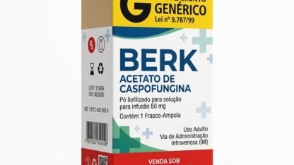 Caixa do medicamento BERK (ACETATO DE CASPOFUNGINA) em embalagem farmacêutica brasileira conforme RDC 768/2022 da ANVISA — fabricado por Ribeiro Cavalcante Advocacia