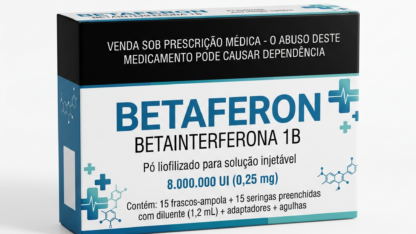 Caixa do medicamento BETAFERON (BETAINTERFERONA 1B) em embalagem farmacêutica brasileira conforme RDC 768/2022 da ANVISA — fabricado por Ribeiro Cavalcante Advocacia