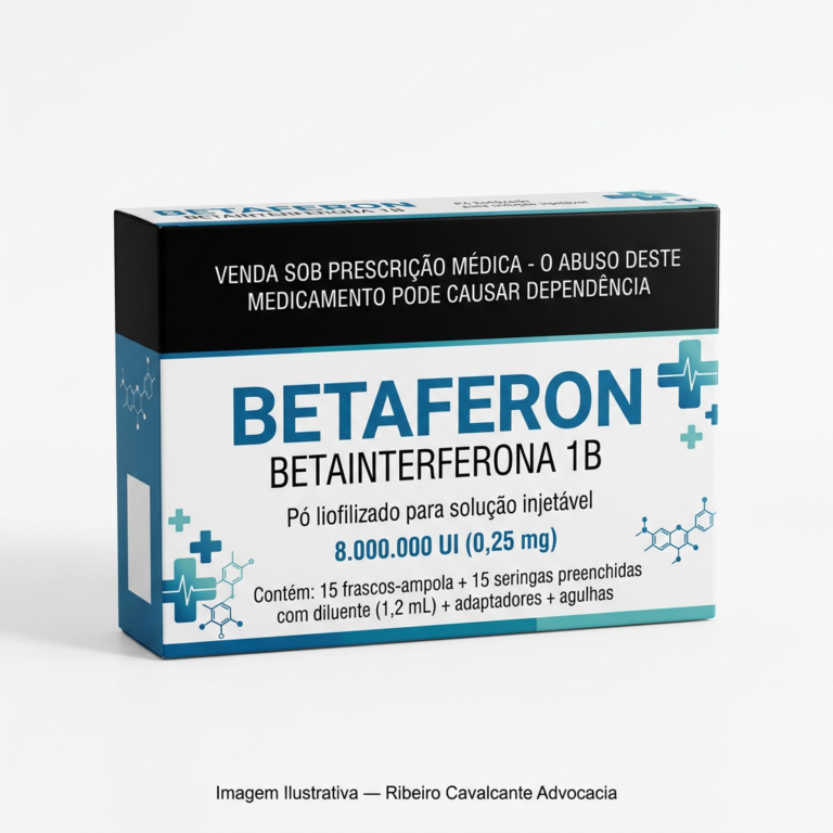 Caixa do medicamento BETAFERON (BETAINTERFERONA 1B) em embalagem farmacêutica brasileira conforme RDC 768/2022 da ANVISA — fabricado por Ribeiro Cavalcante Advocacia