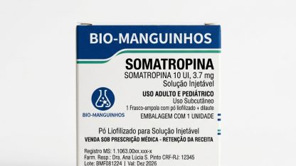 Caixa do medicamento BIO-MANGUINHOS SOMATROPINA (SOMATROPINA) em embalagem farmacêutica brasileira conforme RDC 768/2022 da ANVISA — fabricado por Ribeiro Cavalcante Advocacia
