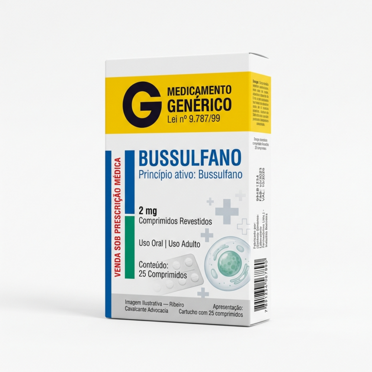 Caixa do medicamento BUSSULFANO (BUSSULFANO) em embalagem farmacêutica brasileira conforme RDC 768/2022 da ANVISA — fabricado por Ribeiro Cavalcante Advocacia