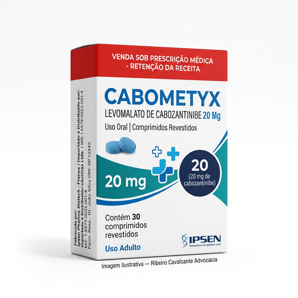 Caixa do medicamento cabometyx (levomalato de cabozantinibe) em embalagem farmacêutica brasileira conforme rdc 768/2022 da anvisa — fabricado por ribeiro cavalcante advocacia