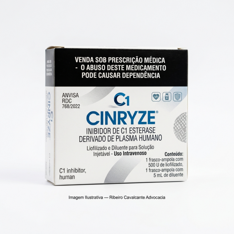 Caixa do medicamento CINRYZE (INIBIDOR DE C1 ESTERASE DERIVADO DE PLASMA HUMANO) em embalagem farmacêutica brasileira conforme RDC 768/2022 da ANVISA — fabricado por Ribeiro Cavalcante Advocacia