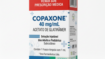 Caixa do medicamento COPAXONE (ACETATO DE GLATIRÂMER) em embalagem farmacêutica brasileira conforme RDC 768/2022 da ANVISA — fabricado por Ribeiro Cavalcante Advocacia