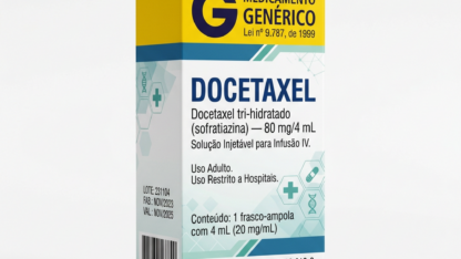 Caixa do medicamento DOCETAXEL (DOCETAXEL TRI-HIDRATADO) em embalagem farmacêutica brasileira conforme RDC 768/2022 da ANVISA — fabricado por Ribeiro Cavalcante Advocacia