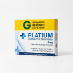Caixa do medicamento ELATIUM (BROMIDRATO DE GALANTAMINA) em embalagem farmacêutica brasileira conforme RDC 768/2022 da ANVISA — fabricado por Ribeiro Cavalcante Advocacia