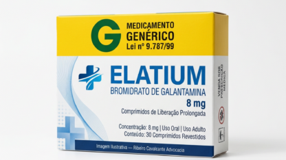 Caixa do medicamento ELATIUM (BROMIDRATO DE GALANTAMINA) em embalagem farmacêutica brasileira conforme RDC 768/2022 da ANVISA — fabricado por Ribeiro Cavalcante Advocacia