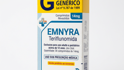Caixa do medicamento EMNYRA (TERIFLUNOMIDA) em embalagem farmacêutica brasileira conforme RDC 768/2022 da ANVISA — fabricado por Ribeiro Cavalcante Advocacia