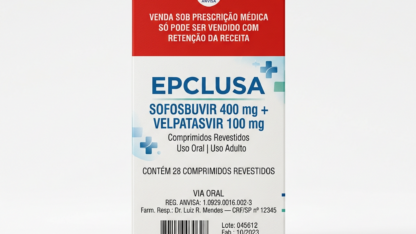 Caixa do medicamento EPCLUSA (SOFOSBUVIR;VELPATASVIR) em embalagem farmacêutica brasileira conforme RDC 768/2022 da ANVISA — fabricado por Ribeiro Cavalcante Advocacia