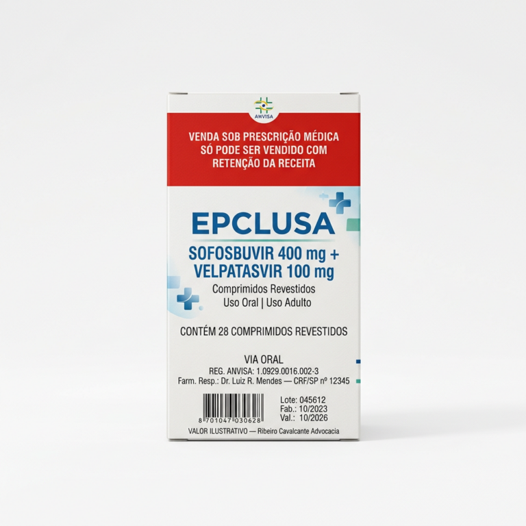 Caixa do medicamento EPCLUSA (SOFOSBUVIR;VELPATASVIR) em embalagem farmacêutica brasileira conforme RDC 768/2022 da ANVISA — fabricado por Ribeiro Cavalcante Advocacia
