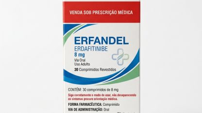 Caixa do medicamento ERFANDEL (ERDAFITINIBE) em embalagem farmacêutica brasileira conforme RDC 768/2022 da ANVISA — fabricado por Ribeiro Cavalcante Advocacia