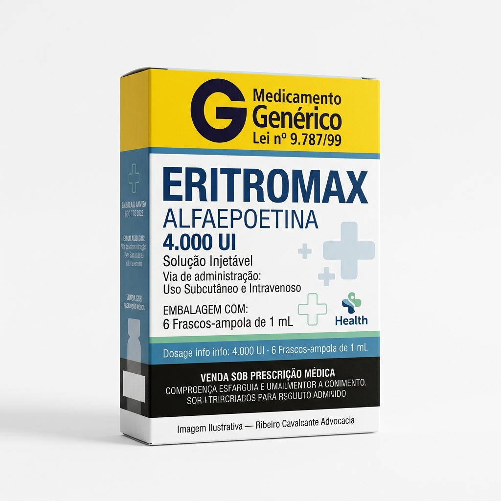 Caixa do medicamento eritromax (alfaepoetina) em embalagem farmacêutica brasileira conforme rdc 768/2022 da anvisa — fabricado por ribeiro cavalcante advocacia