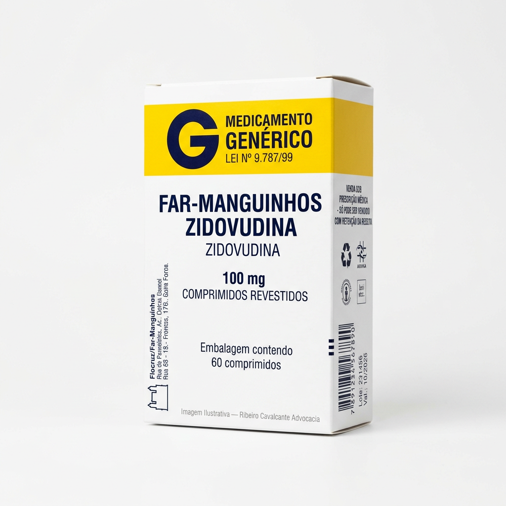 Caixa do medicamento FAR-MANGUINHOS ZIDOVUDINA (ZIDOVUDINA) em embalagem farmacêutica brasileira conforme RDC 768/2022 da ANVISA — fabricado por Ribeiro Cavalcante Advocacia