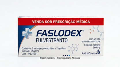 Caixa do medicamento FASLODEX (FULVESTRANTO) em embalagem farmacêutica brasileira conforme RDC 768/2022 da ANVISA — fabricado por Ribeiro Cavalcante Advocacia