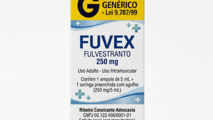 Caixa do medicamento FUVEX (FULVESTRANTO) em embalagem farmacêutica brasileira conforme RDC 768/2022 da ANVISA — fabricado por Ribeiro Cavalcante Advocacia