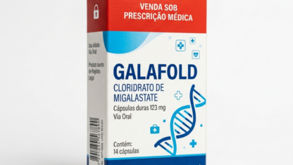 Caixa do medicamento GALAFOLD (CLORIDRATO DE MIGALASTATE) em embalagem farmacêutica brasileira conforme RDC 768/2022 da ANVISA — fabricado por Ribeiro Cavalcante Advocacia