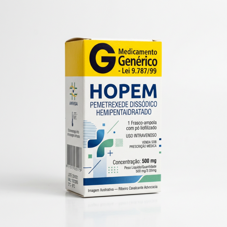 Caixa do medicamento HOPEM (PEMETREXEDE DISSÓDICO HEMIPENTAIDRATADO) em embalagem farmacêutica brasileira conforme RDC 768/2022 da ANVISA — fabricado por Ribeiro Cavalcante Advocacia