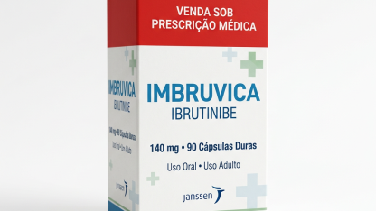 Caixa do medicamento IMBRUVICA (IBRUTINIBE) em embalagem farmacêutica brasileira conforme RDC 768/2022 da ANVISA — fabricado por Ribeiro Cavalcante Advocacia