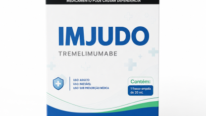 Caixa do medicamento IMJUDO (TREMELIMUMABE) em embalagem farmacêutica brasileira conforme RDC 768/2022 da ANVISA — fabricado por Ribeiro Cavalcante Advocacia