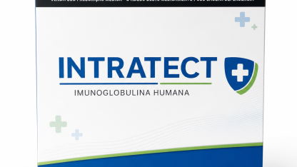 Caixa do medicamento INTRATECT (IMUNOGLOBULINA HUMANA) em embalagem farmacêutica brasileira conforme RDC 768/2022 da ANVISA — fabricado por Ribeiro Cavalcante Advocacia