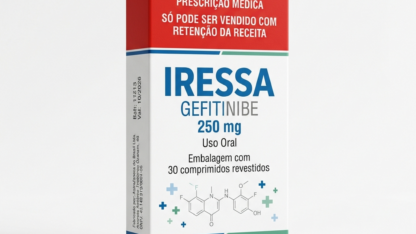 Caixa do medicamento IRESSA (GEFITINIBE) em embalagem farmacêutica brasileira conforme RDC 768/2022 da ANVISA — fabricado por Ribeiro Cavalcante Advocacia