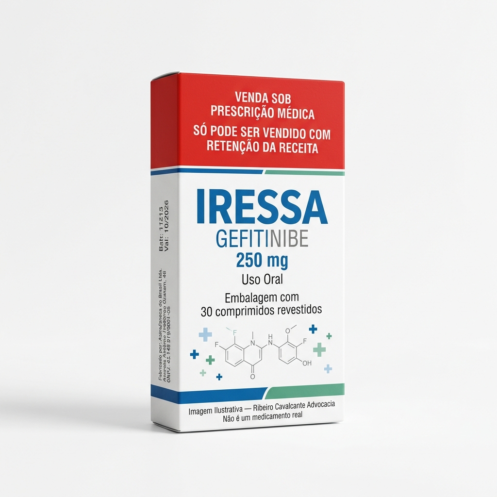 Caixa do medicamento iressa (gefitinibe) em embalagem farmacêutica brasileira conforme rdc 768/2022 da anvisa — fabricado por ribeiro cavalcante advocacia